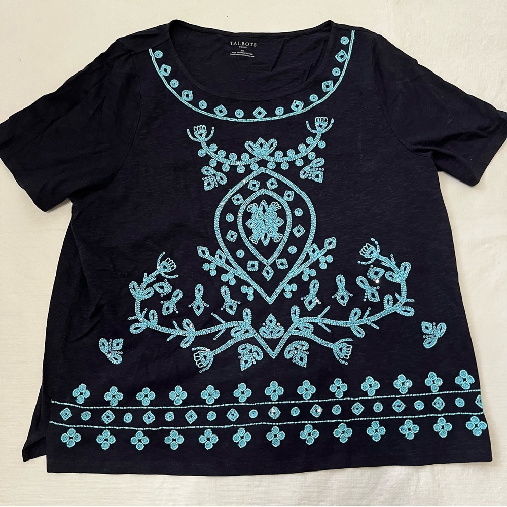 Talbots Blue Beaded Short Sleeve Shirt 100% Cotton